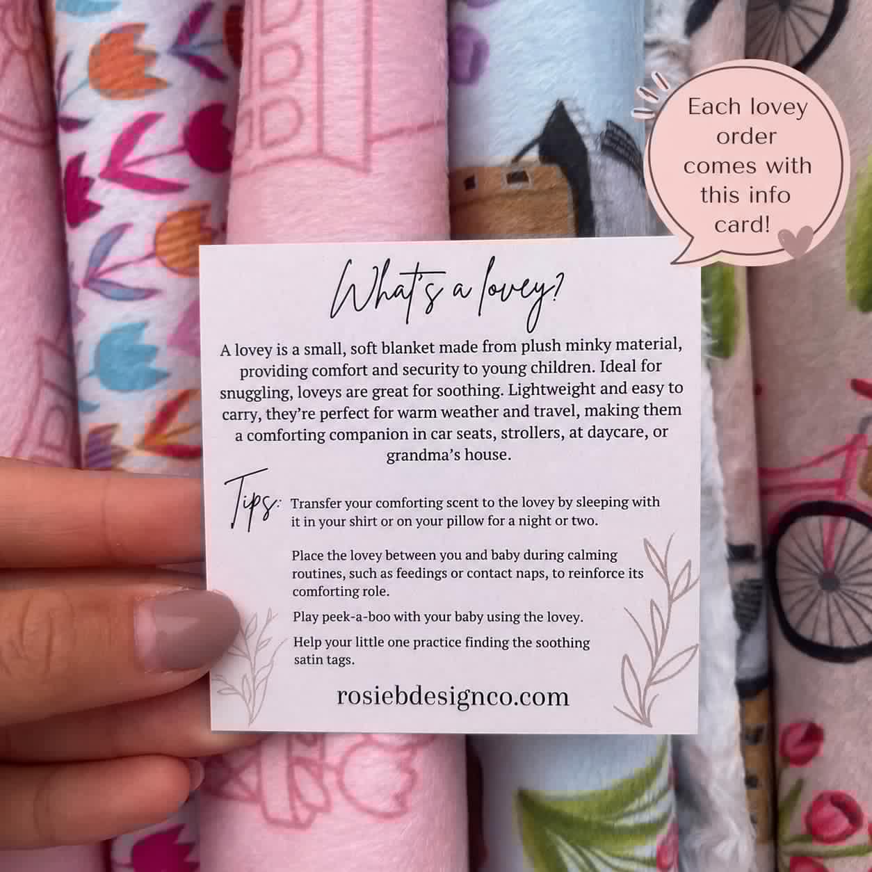 The image is a hand holding a card with text and a speech bubble containing a message.