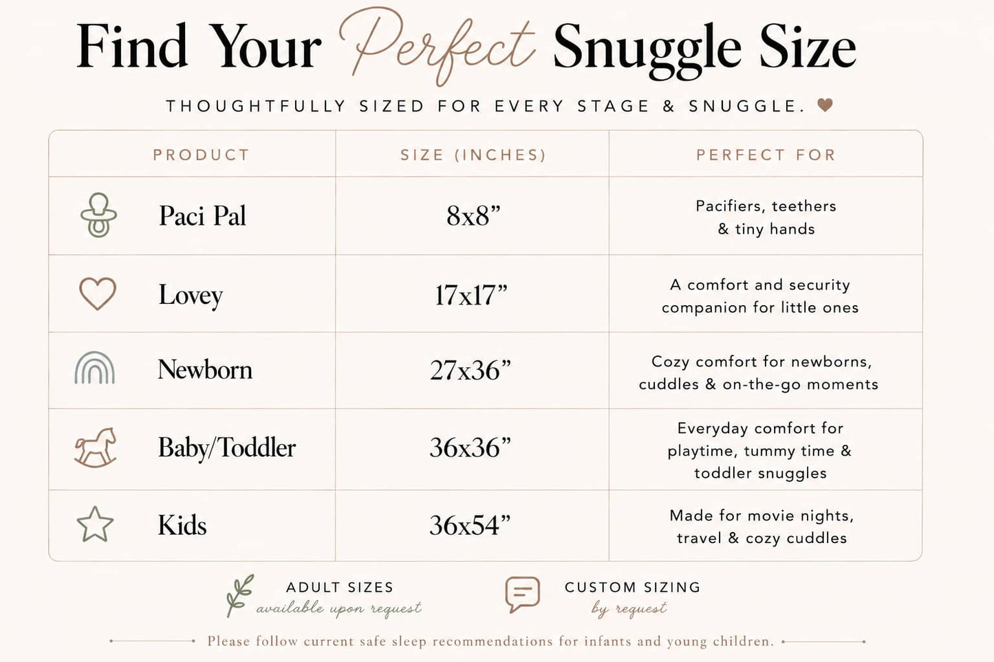 The image is a product size comparison chart that provides the perfect snuggle size for different age groups, ranging from infants to adults. It includes Pacifiers, teething, and tiny hands for Paci Pal, a comfort and security companion for little ones for Lovey, a cozy comfort for newborns, cuddles & on-the-go moments for Newborn, and everyday comfort for Baby/Toddler and Kids. The chart also includes customizing the size based on the user's preferences.