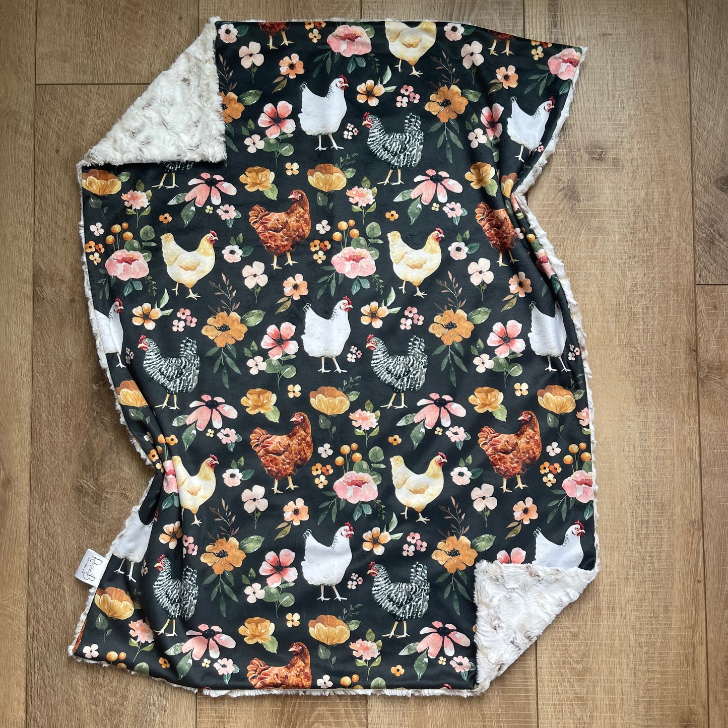 Newborn Baby Blanket - Black Floral Chickens
