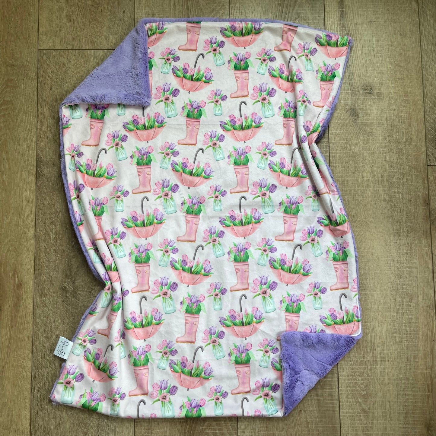 Newborn Baby Blanket - Rainboot and Umbrella Tulips w/ Periwinkle