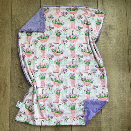Newborn Baby Blanket - Rainboot and Umbrella Tulips w/ Periwinkle