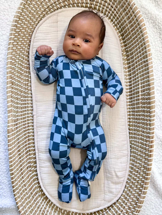 Blue Checker Bamboo Zipper Romper