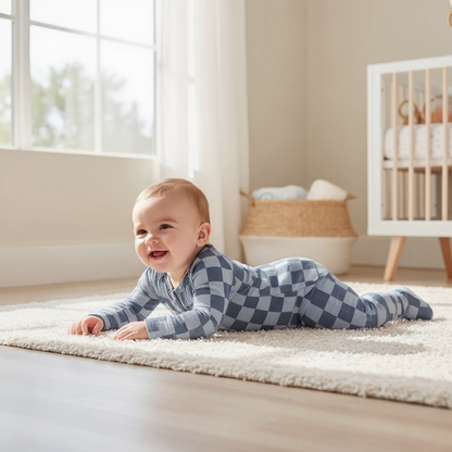 Blue Checker Bamboo Zipper Romper