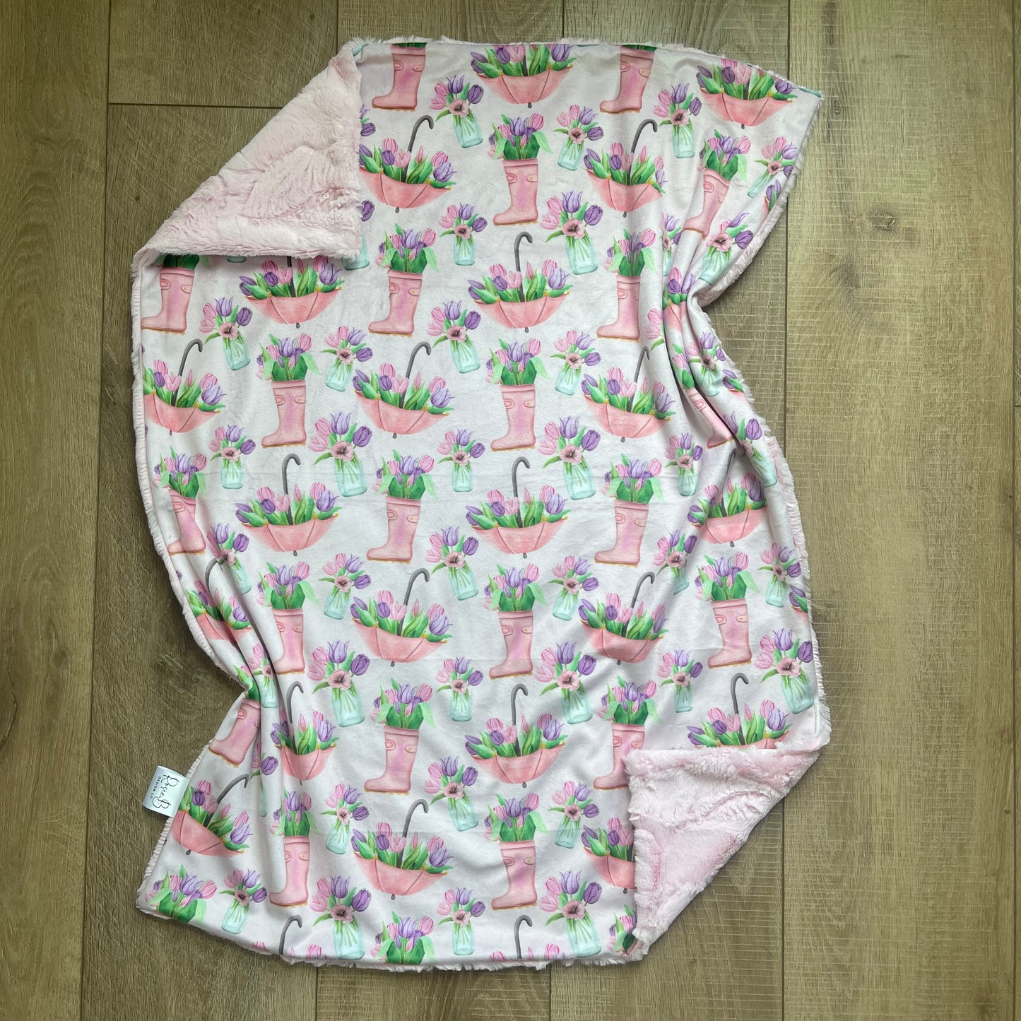 Newborn Baby Blanket - Rainboot and Umbrella Tulips w/ Blush