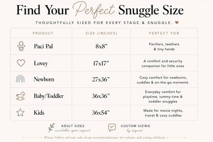The image is a product size comparison chart that provides the perfect snuggle size for different age groups, ranging from infants to adults. It includes Pacifiers, teething, and tiny hands for Paci Pal, a comfort and security companion for little ones for Lovey, a cozy comfort for newborns, cuddles & on-the-go moments for Newborn, and everyday comfort for Baby/Toddler and Kids. The chart also includes customizing the size based on the user's preferences.