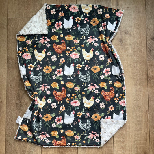 Newborn Baby Blanket - Black Floral Chickens