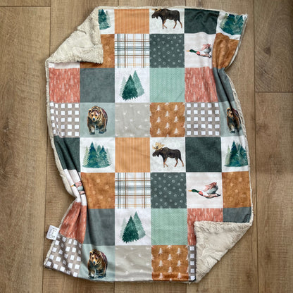 Newborn Baby Blanket - Copper and Green Wilderness Patchwork