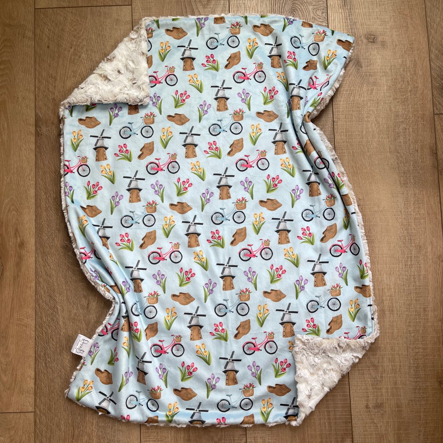 Newborn Baby Blanket - Bright Blue Tulip Time w/ Snowy Owl