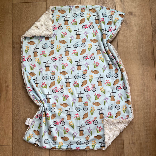 Newborn Baby Blanket - Bright Blue Tulip Time w/ Snowy Owl