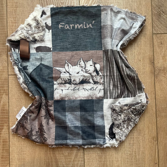 Lovey - Farmin' Patchwork Brown & Grey w/ Snowy Owl Pewter