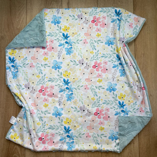 Baby Blanket / Toddler Blanket - Watercolor Blue and Pink Floral