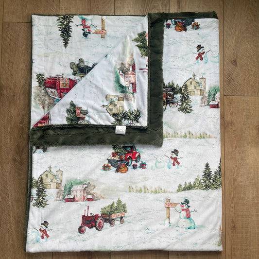 Adult / Momma Blanket - Winter Farm Scene w/ Luxe Chive