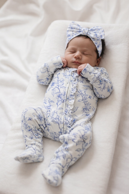 Blue Vintage Floral Ruffle Bamboo Zipper Romper