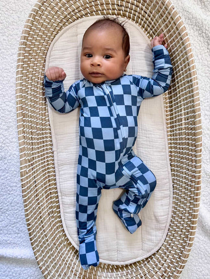 Blue Checker Bamboo Zipper Romper